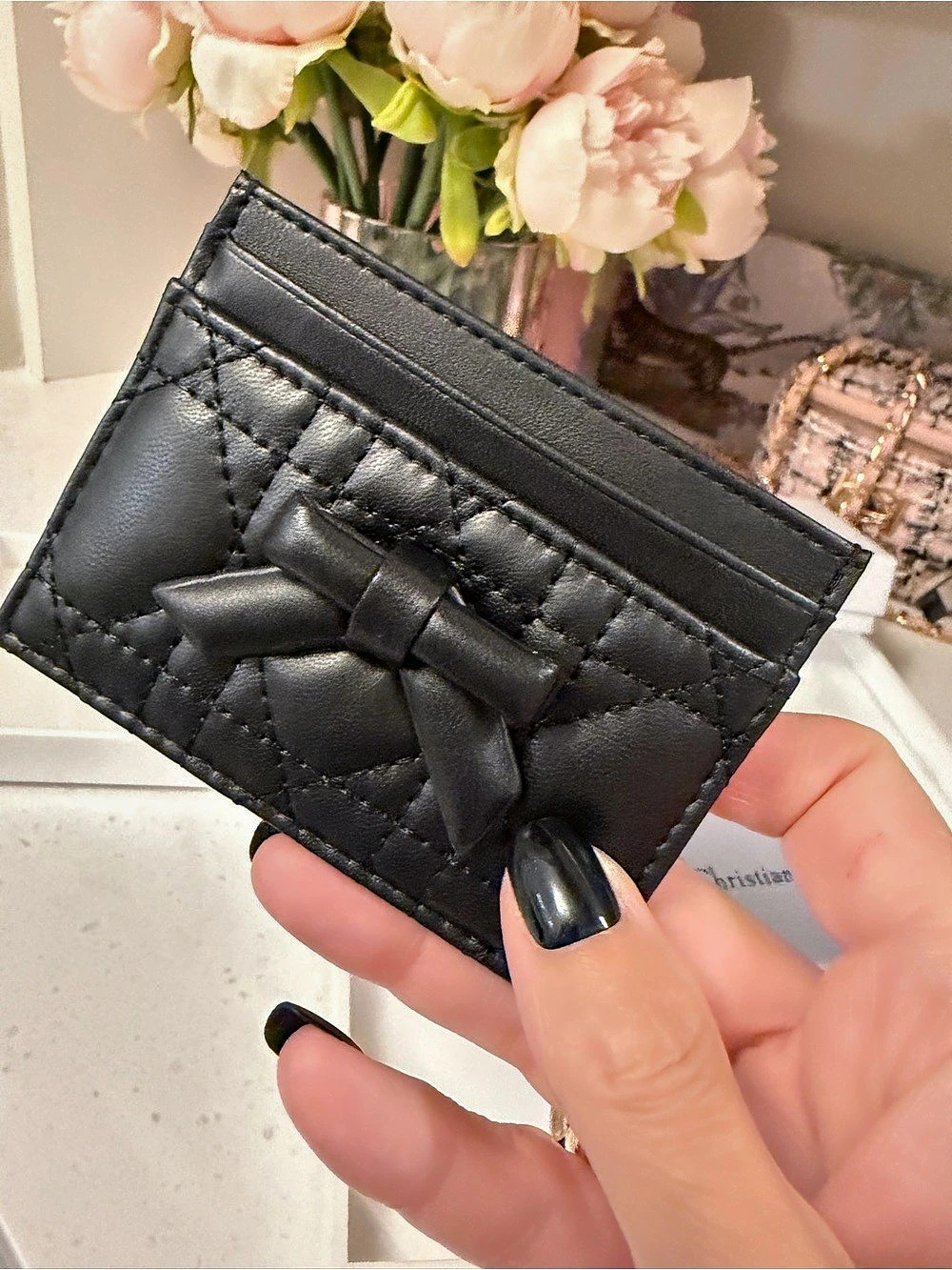Lady Dior NIB quilted card holder in tuxedo Black w bow multiple card slots